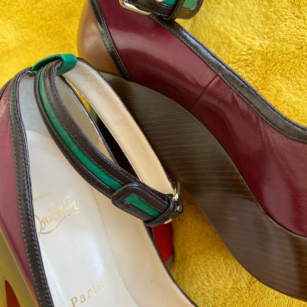 Christian Louboutin Platform Heels size 35.5  Burgandy/ green/ Tan leather - Picture 6 of 6